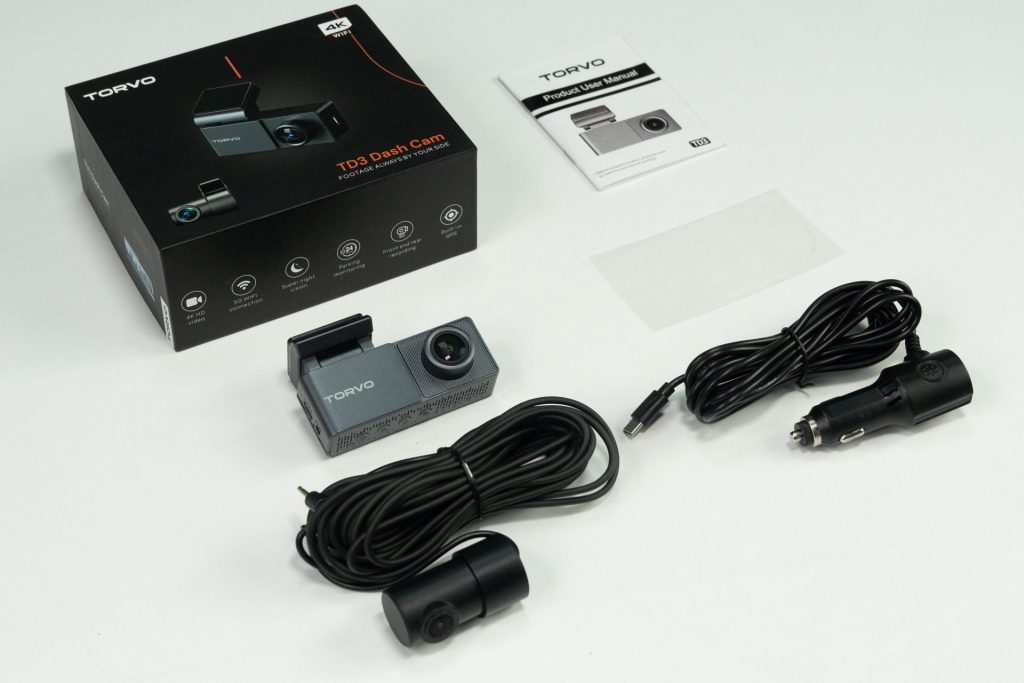 TORVO TD3 Dashcam box, use manual, front and rear cameras, and 12V port 